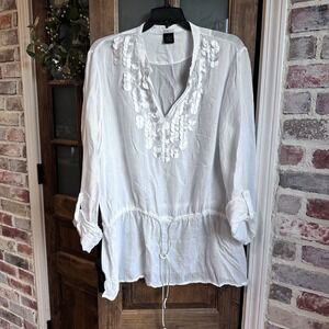Calvin Klein Jeans Women Top White Size L Roll Tab Sleeve Drawstring waist Tunic